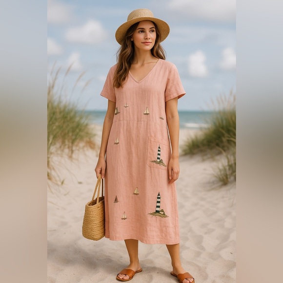 Vintage Dresses & Skirts - Vintage Donna Linen Maxi Peach Dress with lighthouses and sailor boats Sz Small